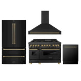 ZLINE 48 in. Autograph Edition Kitchen Package with Black Stainless Steel Dual Fuel Range, Range Hood, Dishwasher and Refrigeration with Champagne Bronze Accents (4AKPR-RABRHDWV48-CB)