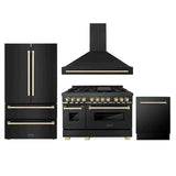 ZLINE 48 in. Autograph Edition Kitchen Package with Black Stainless Steel Dual Fuel Range, Range Hood, Dishwasher and Refrigeration Including External Water Dispenser with Polished Gold Accents (4AKPR-RABRHDWV48-G)