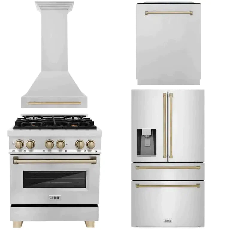 ZLINE Autograph Edition 30 in. Kitchen Package with Stainless Steel Dual Fuel Range, Range Hood, Dishwasher, and Refrigerator with External Water Dispenser with Champagne Bronze Accents (4AKPR-RARHDWM30-CB)