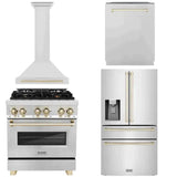 ZLINE Autograph Edition 30 in. Kitchen Package with Stainless Steel Dual Fuel Range, Range Hood, Dishwasher, and Refrigerator with External Water Dispenser with Polished Gold Accents (4AKPR-RARHDWM30-G)