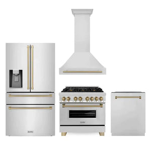 ZLINE 36 in. Autograph Edition Kitchen Package with Stainless Steel Dual Fuel Range, Range Hood, Dishwasher and Refrigeration Including External Water Dispenser with Champagne Bronze Accents (4AKPR-RARHDWM36-CB)