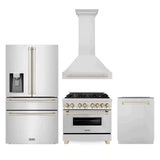 ZLINE 36 in. Autograph Edition Kitchen Package with Stainless Steel Dual Fuel Range, Range Hood, Dishwasher and Refrigeration Including External Water Dispenser with Polished Gold Accents (4AKPR-RARHDWM36-G)