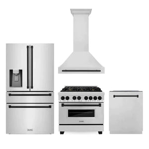 ZLINE Autograph Edition 36 in. Kitchen Package with Stainless Steel Dual Fuel Range, Range Hood, Dishwasher and Refrigerator Including External Water Dispenser with Matte Black Accents (4AKPR-RARHDWM36-MB)