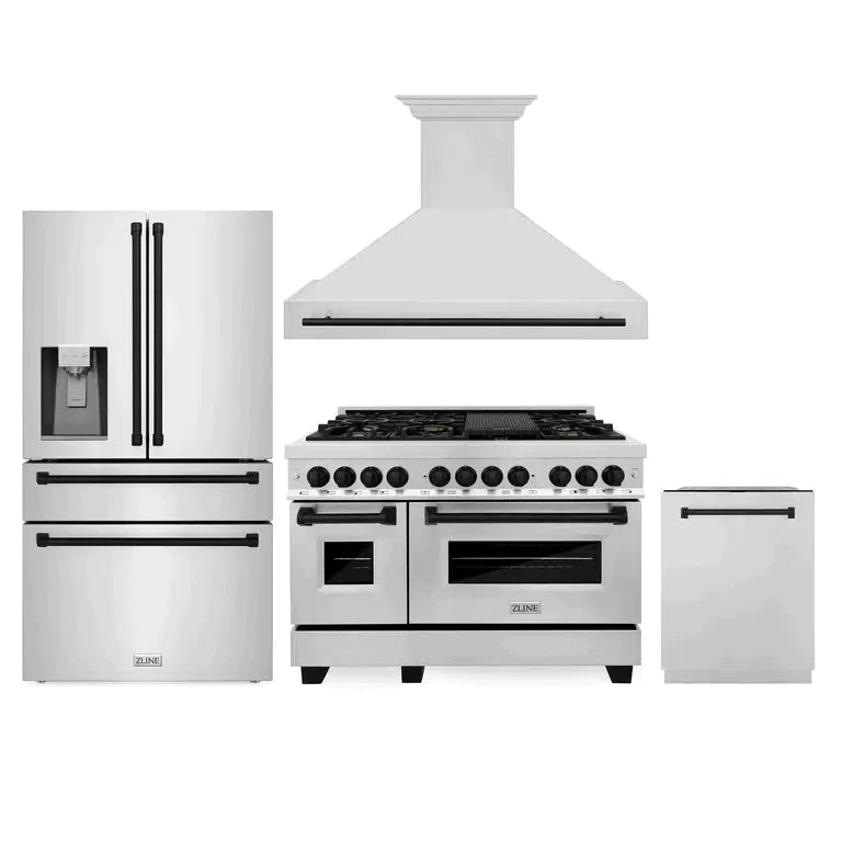 ZLINE 48 in. Autograph Edition Kitchen Package with Stainless Steel Dual Fuel Range, Range Hood, Dishwasher and Refrigeration Including External Water Dispenser with Matte Black Accents (4AKPR-RARHDWM48-MB)
