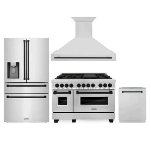 ZLINE Autograph Edition 48 in. Kitchen Package with Stainless Steel Dual Fuel Range, Range Hood, Dishwasher and Refrigerator Including External Water Dispenser with Matte Black Accents (4AKPR-RARHDWM48-MB)