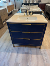 36" Navy Vanity Set with Tan Marble Vanity Top with Brass Widespread Faucet