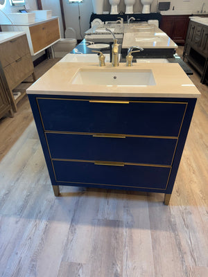 36" Navy Vanity Set with Tan Marble Vanity Top with Brass Widespread Faucet