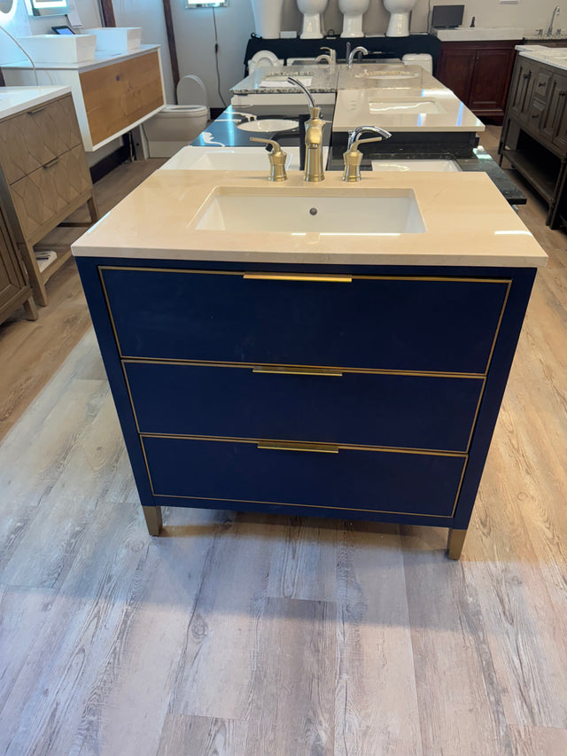 36" Navy Vanity Set with Tan Marble Vanity Top with Brass Widespread Faucet
