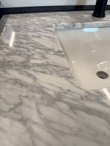 30" Metal Frame Vanity with Marble Fronts with Marble Top, China Sink, and Matte Black Waterfall Faucet
