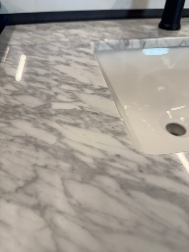 30" Metal Frame Vanity with Marble Fronts with Marble Top, China Sink, and Matte Black Waterfall Faucet