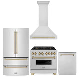 ZLINE Autograph Edition 36 in. Kitchen Package with Stainless Steel Dual Fuel Range, Range Hood, Dishwasher and Refrigeration with Champagne Bronze Accents (4KAPR-RARHDWM36-CB)