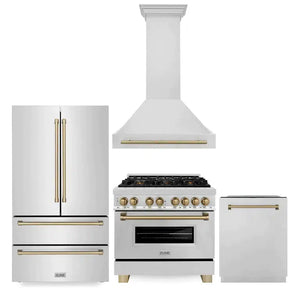 ZLINE Autograph Edition 36 in. Kitchen Package with Stainless Steel Dual Fuel Range, Range Hood, Dishwasher and Refrigerator with Champagne Bronze Accents (4KAPR-RARHDWM36-CB)