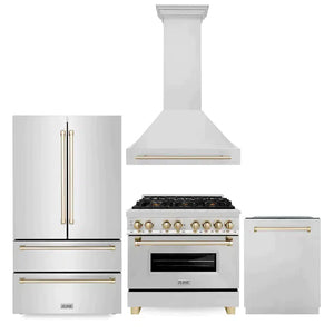 ZLINE Autograph Edition 36 in. Kitchen Package with Stainless Steel Dual Fuel Range, Range Hood, Dishwasher and Refrigerator with Polished Gold Accents (4KAPR-RARHDWM36-G)