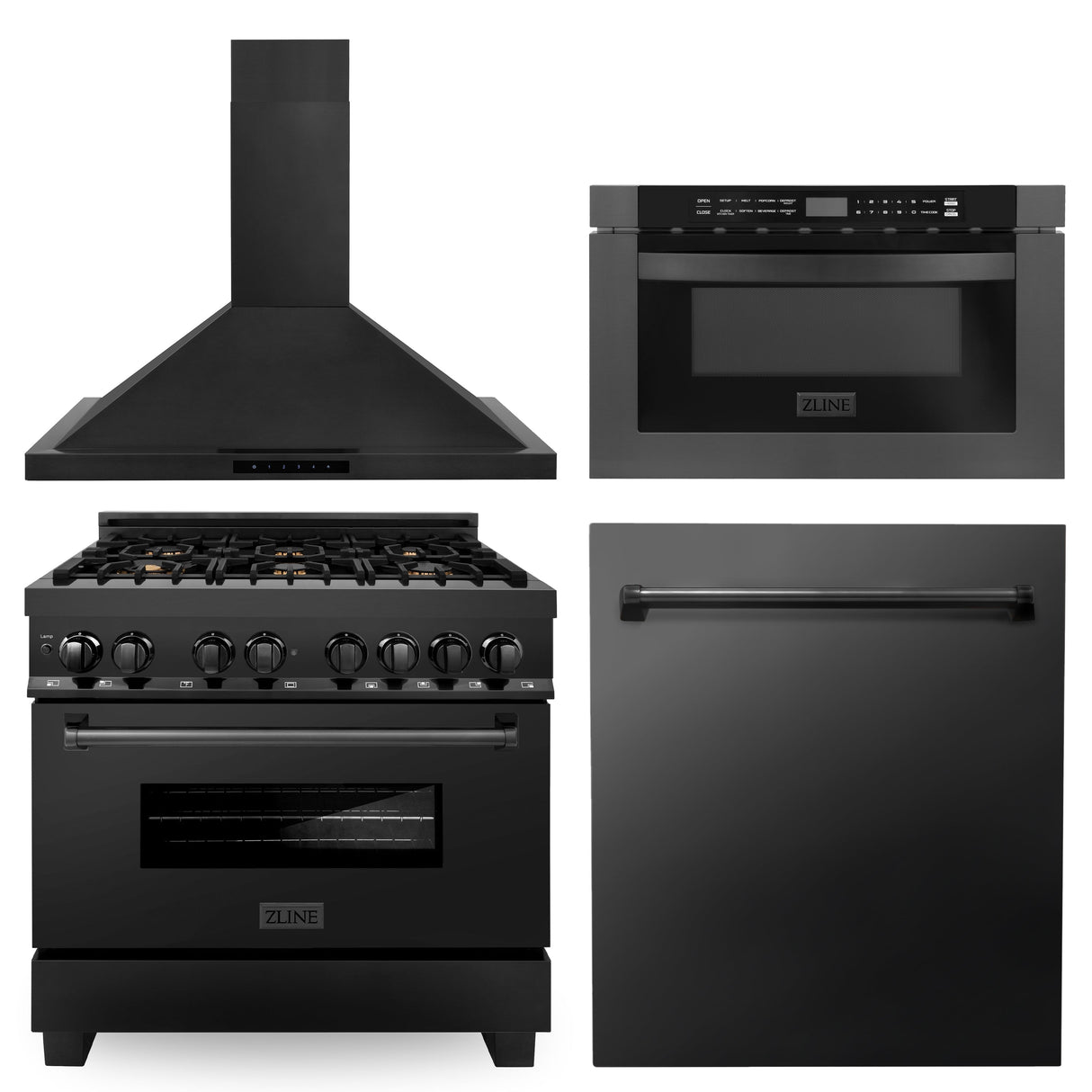 ZLINE 36 in. Kitchen Package with Black Stainless Steel Dual Fuel Range, Range Hood, Microwave Drawer and Dishwasher(4KP-RABRH36-MWDW)
