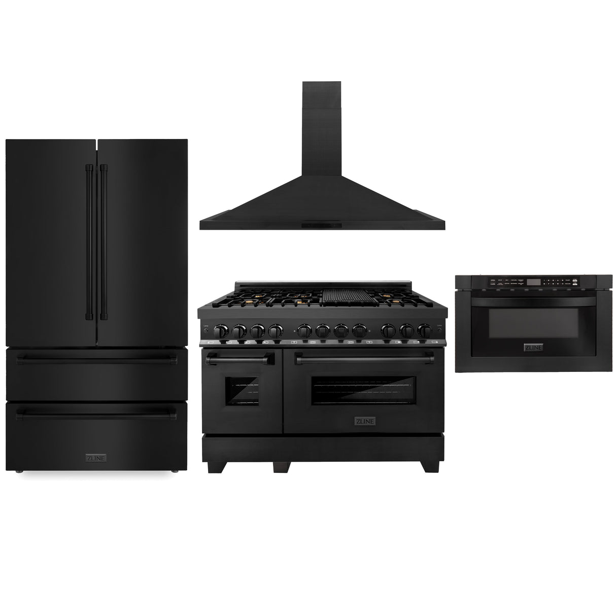 ZLINE Kitchen Package with Black Stainless Steel Refrigeration, 48 in. Dual Fuel Range and Microwave Drawer (4KPR-RABRH48-MW)