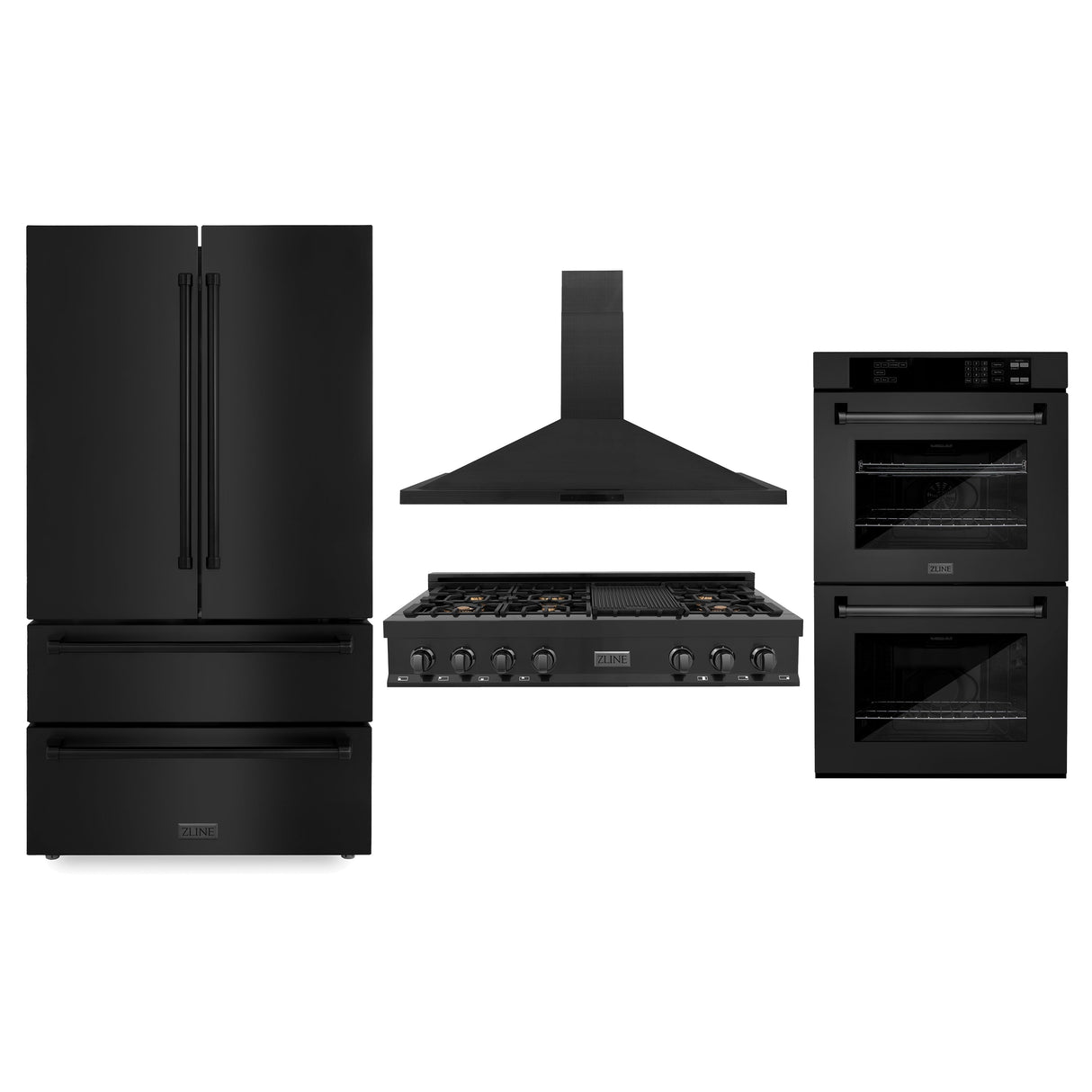 ZLINE Kitchen Package with Black Stainless Steel Refrigeration, 48 in. Rangetop, 48 in. Range Hood and 30 in. Double Wall Oven (4KPR-RTBRH48-AWD)