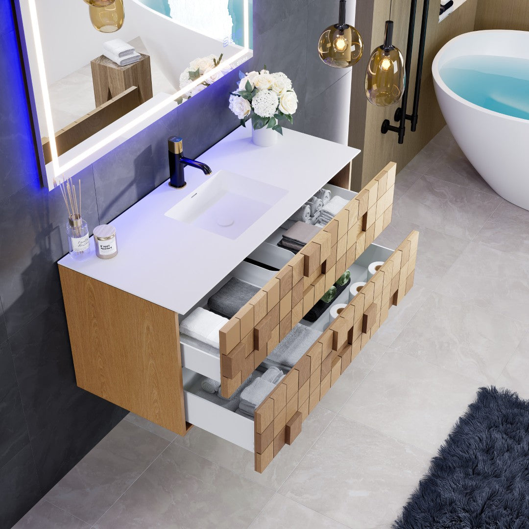 Mosaic 49 in. Natural Oak Wall Mount Single Sink Bath Vanity with Solid Surface Top and Integrated Sink