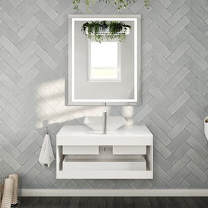 Wave 36 in. White Wall Mount Single Sink Bath Vanity with White Quartz Top and Vessel Porcelain Sink