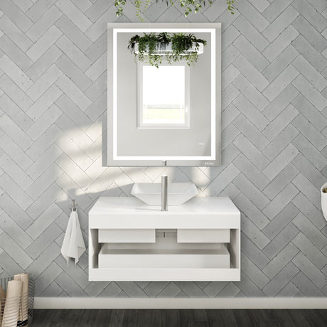 Wave 36 in. White Wall Mount Single Sink Bath Vanity with White Quartz Top and Vessel Porcelain Sink