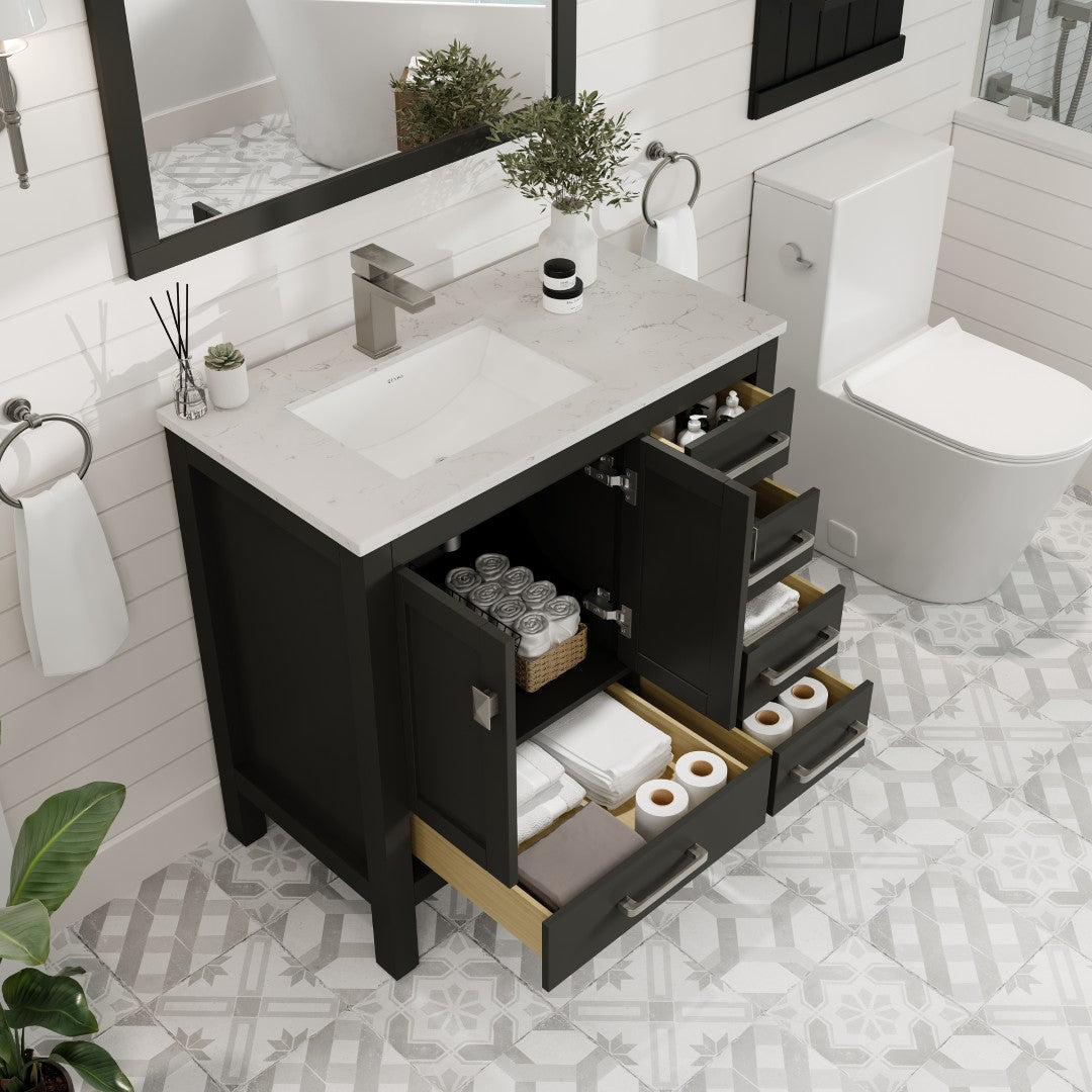 London 36 in. Espresso Single Sink Bath Vanity with Carrara Quartz Top and Undermount Porcelain Sink