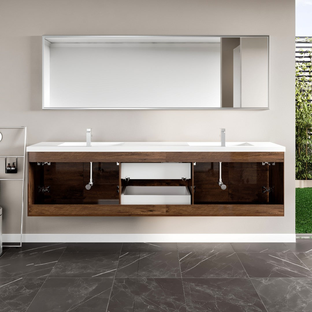 Lumina 84 in. Rosewood Wall Mount Double Sink  Bath Vanity with Acrylic Top and Integrated Sinks