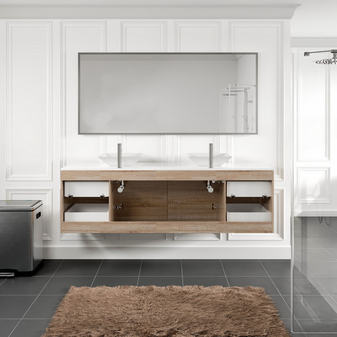 Luxy 72 in. White Oak Wall Mount Double Sink  Bath Vanity with White Quartz Top and Vessel Porcelain Sinks