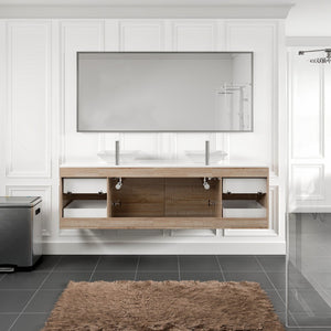 Luxy 72 in. White Oak Wall Mount Double Sink  Bath Vanity with White Quartz Top and Vessel Porcelain Sinks