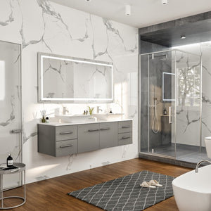 Wave 60 in. Gray Wall Mount Double Sink  Bath Vanity with White Quartz Top and Vessel Porcelain Sinks