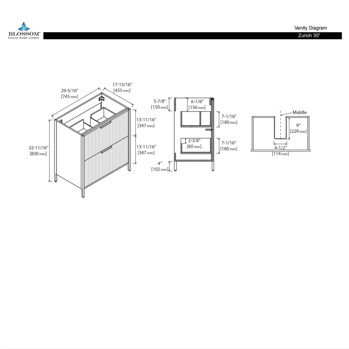 Zurich 30" Vanity – Glossy White & Metal Grey with Soft-Close Drawers & Ample Storage