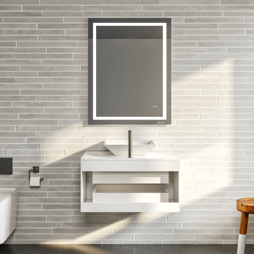 Wave 30 in. White Wall Mount Single Sink Bath Vanity with White Quartz Top and Vessel Porcelain Sink