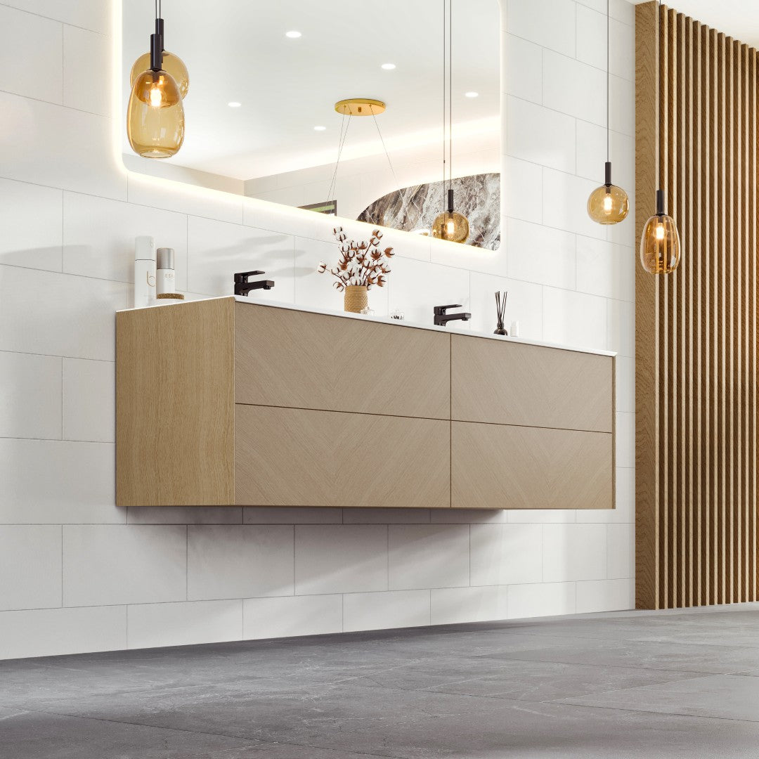 Lotus 59 in. Natural Oak Wall Mount Double Sink  Bath Vanity with Solid Surface Top and Integrated Sinks