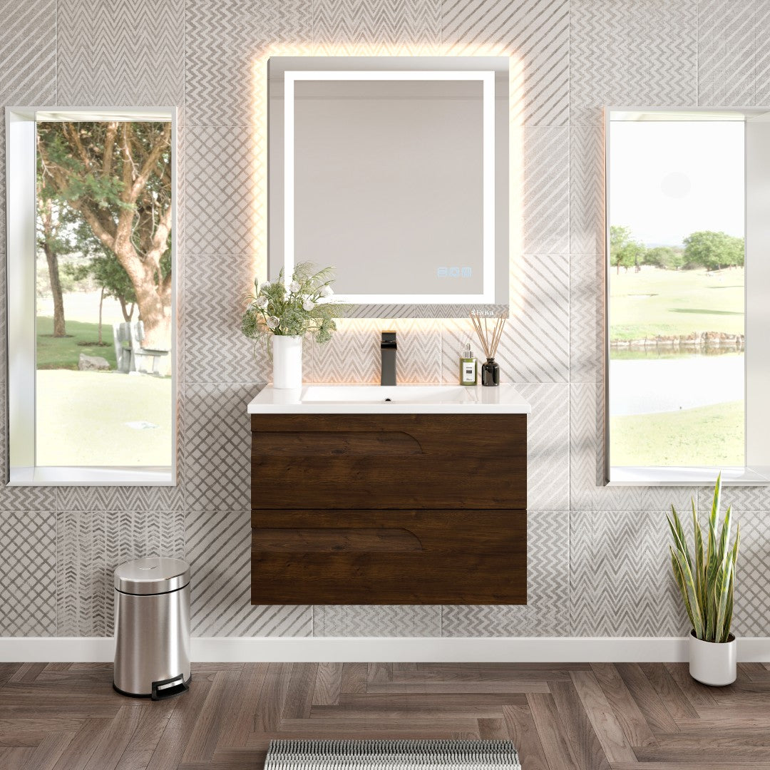 Joy 32 in. Rosewood Wall Mount Single Sink Bath Vanity with Porcelain Top and Integrated Sink