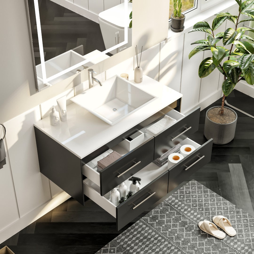 Wave 30 in. Espresso Wall Mount Single Sink Bath Vanity with White Quartz Top and Vessel Porcelain Sink