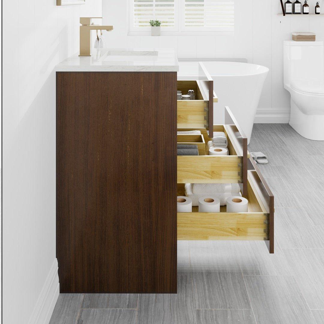Curio 24 in. Walnut Single Sink Bath Vanity with Carrara Quartz Top and Undermount Porcelain Sink