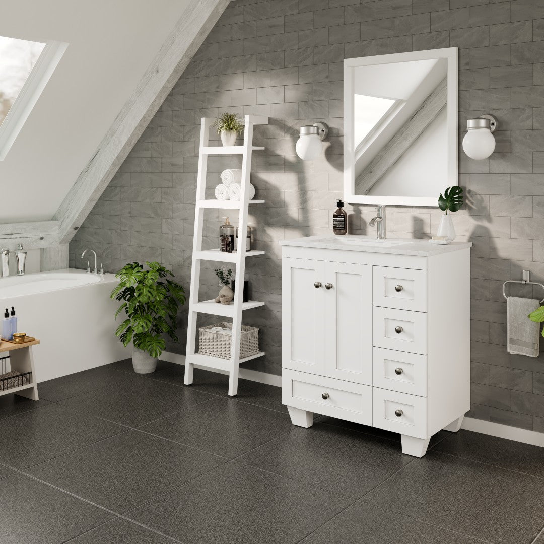 Happy 28 in. White Single Sink Bath Vanity with Carrara Quartz Top and Undermount Porcelain Sink