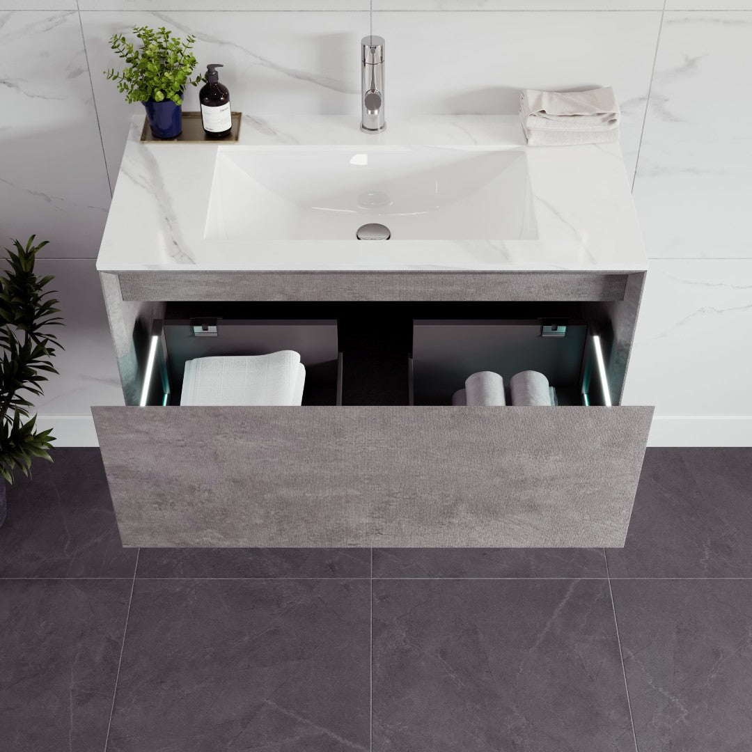 Aurora 36 in. Concrete Gray Wall Mount Single Sink Bath Vanity with Carrara Quartz Top and Undermount Porcelain Sink