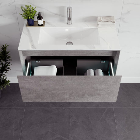 Aurora 36 in. Concrete Gray Wall Mount Single Sink Bath Vanity with Carrara Quartz Top and Undermount Porcelain Sink