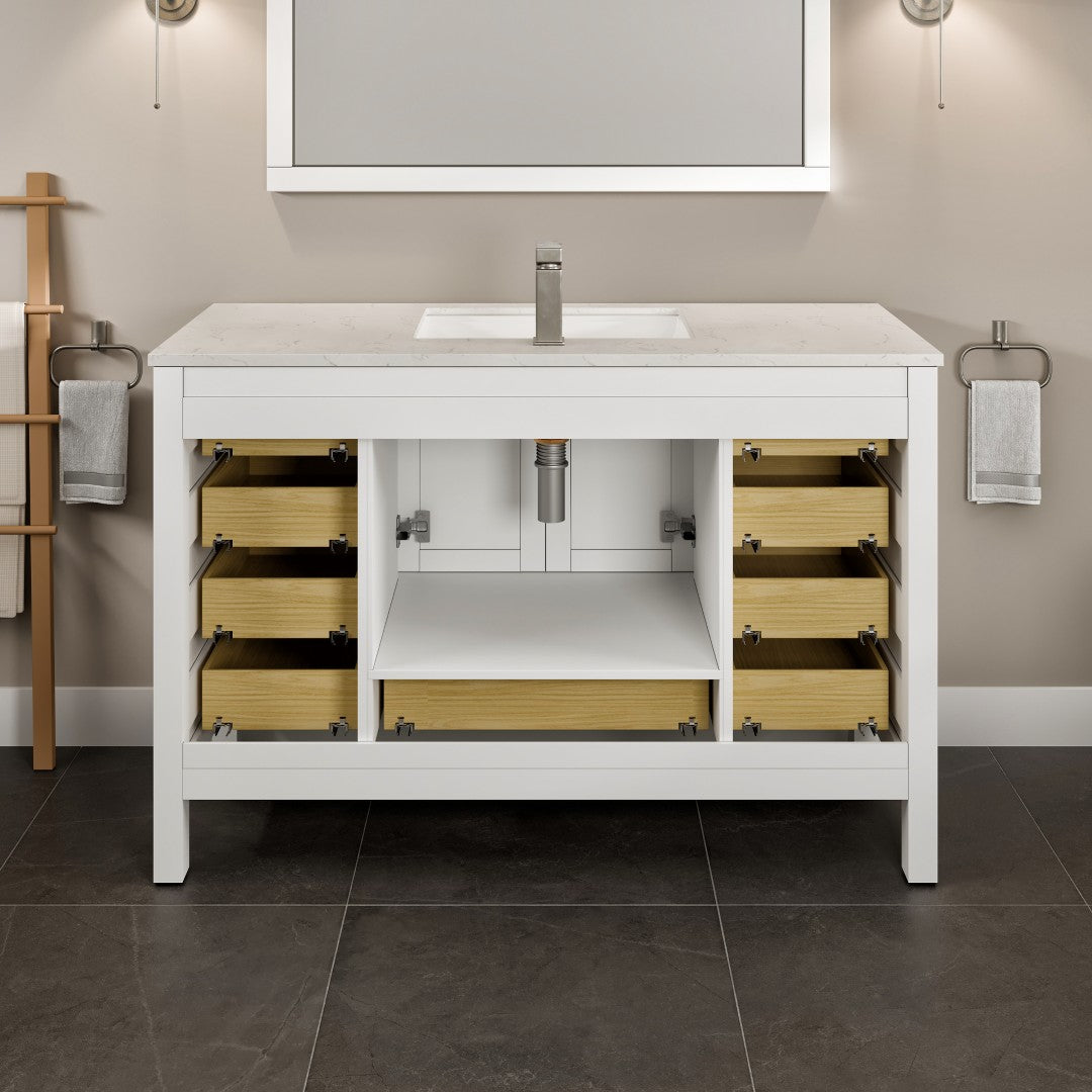 London 54 in. White Single Sink Bath Vanity with Carrara Quartz Top and Undermount Porcelain Sink