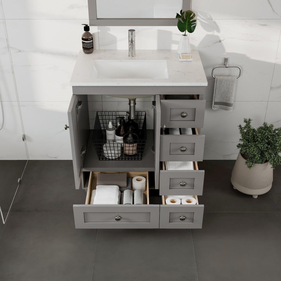 Happy 28 in. Gray Single Sink Bath Vanity with Carrara Quartz Top and Undermount Porcelain Sink