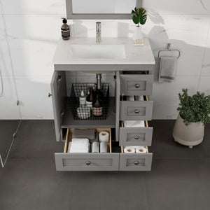 Happy 28 in. Gray Single Sink Bath Vanity with Carrara Quartz Top and Undermount Porcelain Sink