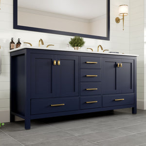 Aberdeen 72 in. Blue Double Sink  Bath Vanity with Carrara Quartz Top and Undermount Porcelain Sinks