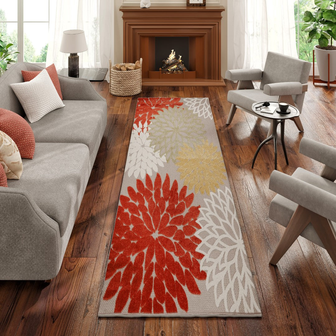 Eviva Nature 2' x 8' Floral Orange/Cream Rug