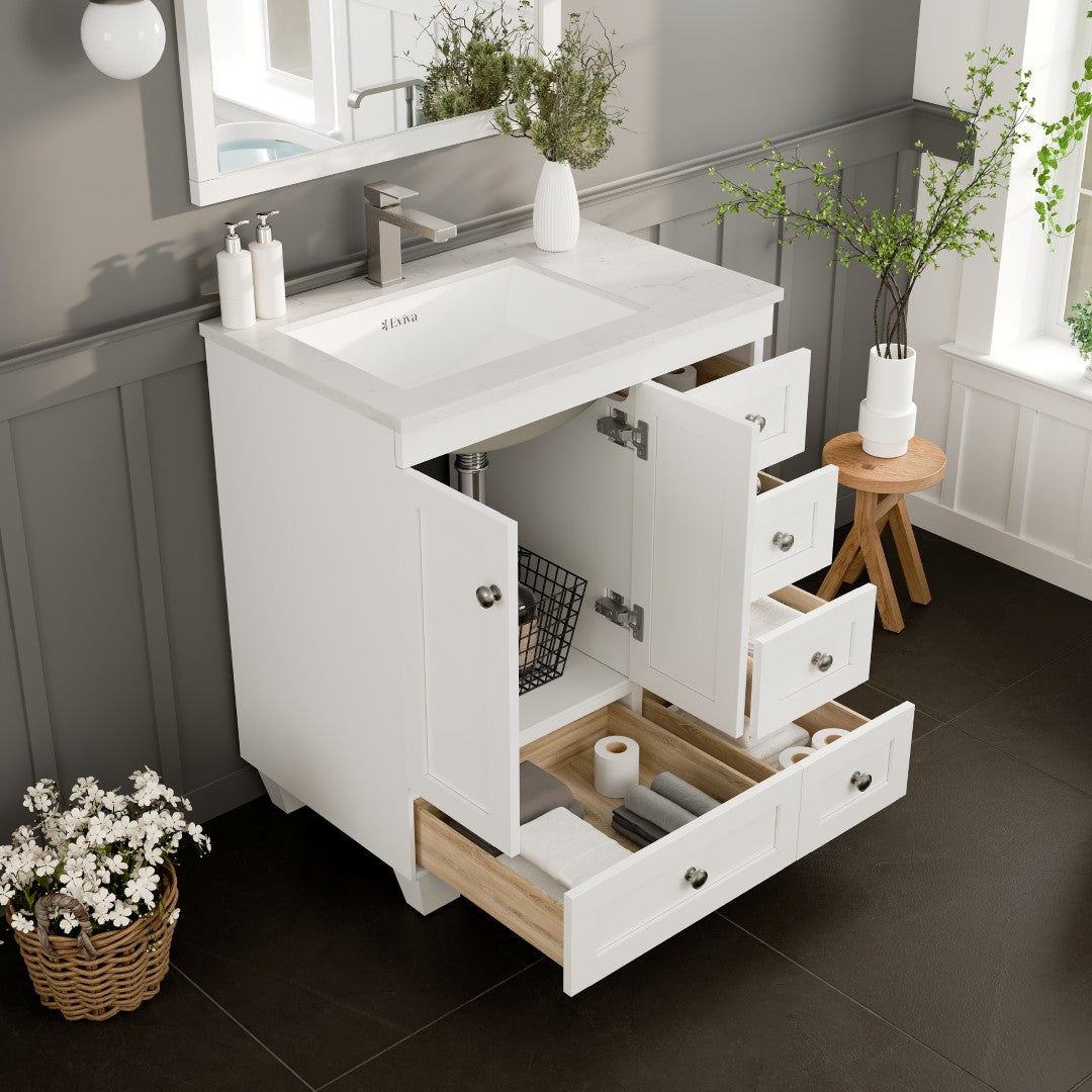 Happy 30 in. White Single Sink Bath Vanity with Carrara Quartz Top and Undermount Porcelain Sink