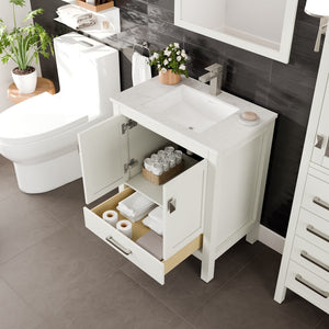 London 30 in. White Single Sink Bath Vanity with Carrara Quartz Top and Undermount Porcelain Sink