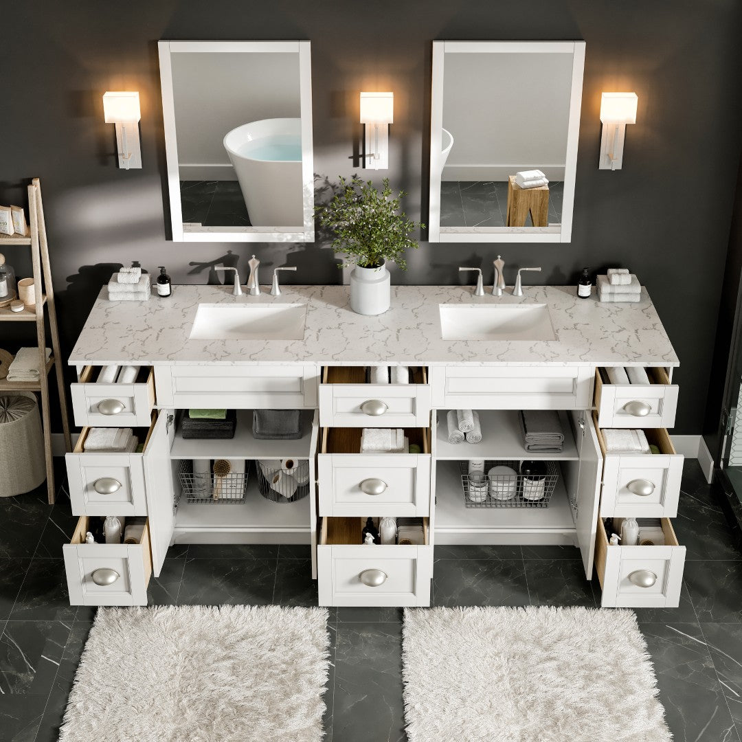 Epic 96 in. White Double Sink  Bath Vanity with Carrara Quartz Top and Undermount Porcelain Sinks