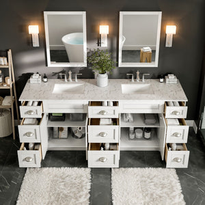 Epic 96 in. White Double Sink  Bath Vanity with Carrara Quartz Top and Undermount Porcelain Sinks