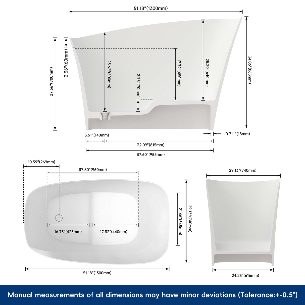 New England Home Goods Dhaulagiri 51" Freestanding Tub in White - Stone Resin Solid Surface