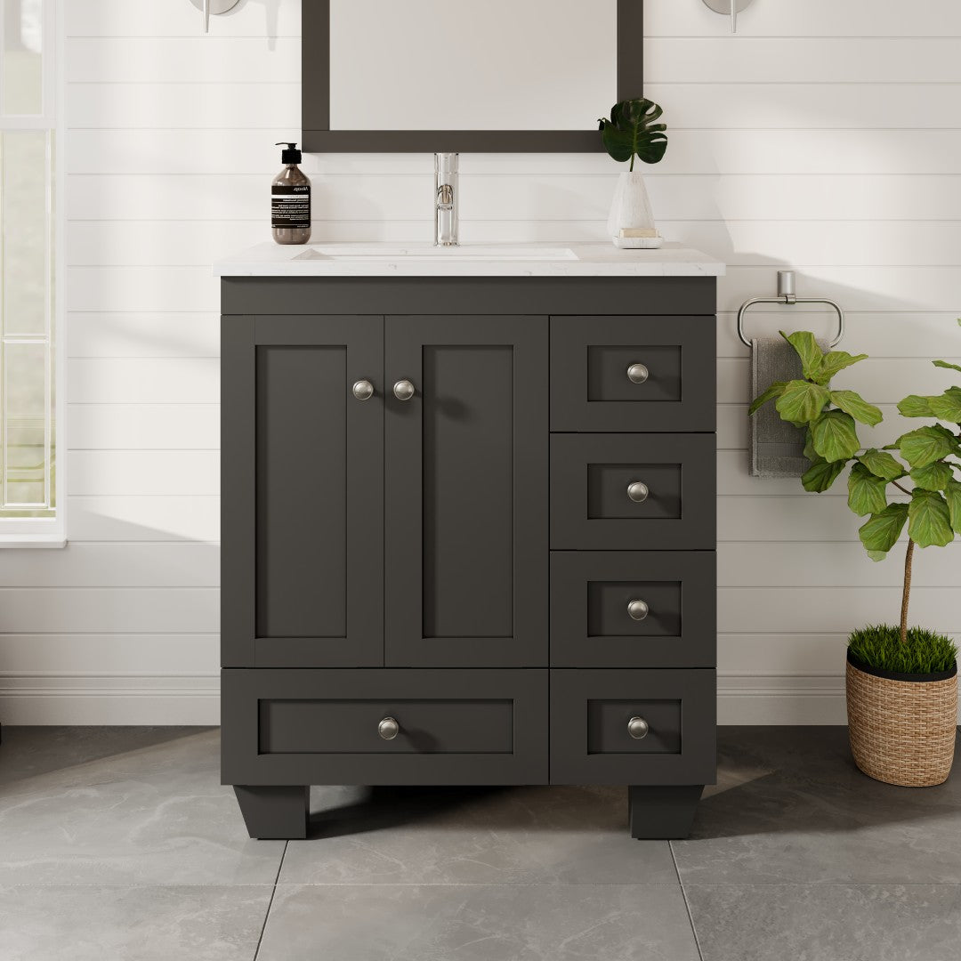 Happy 28 in. Espresso Single Sink Bath Vanity with Carrara Quartz Top and Undermount Porcelain Sink