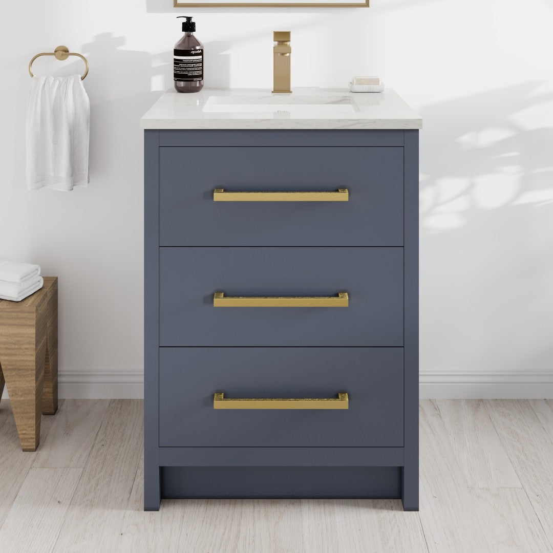 Curio 24 in. Dark Blue Single Sink Bath Vanity with Carrara Quartz Top and Undermount Porcelain Sink