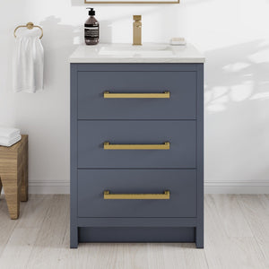 Curio 24 in. Dark Blue Single Sink Bath Vanity with Carrara Quartz Top and Undermount Porcelain Sink